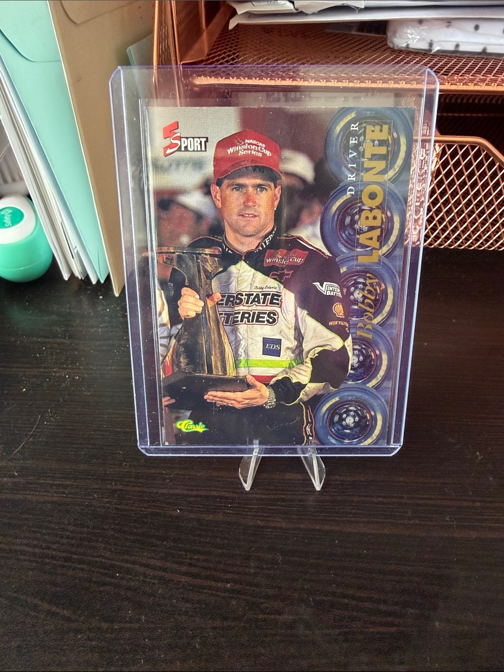 Racing Card Displayed in Clear Protective Case - Red Hat, Purple Accents